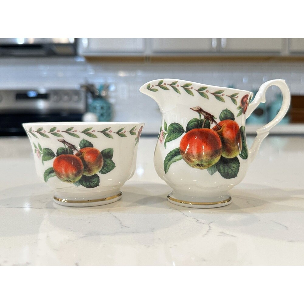 Roy Kirkham Fine Bone China Creamer and Open Sugar Bowl "Redoute Fruit" England